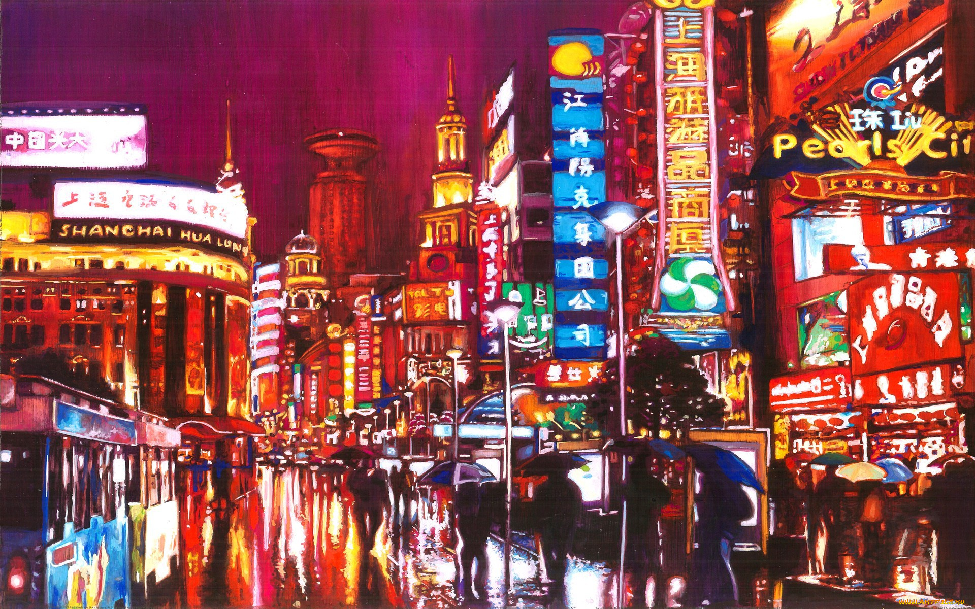рисованное, города, шанхай, город, огни, реклама, люди, улица