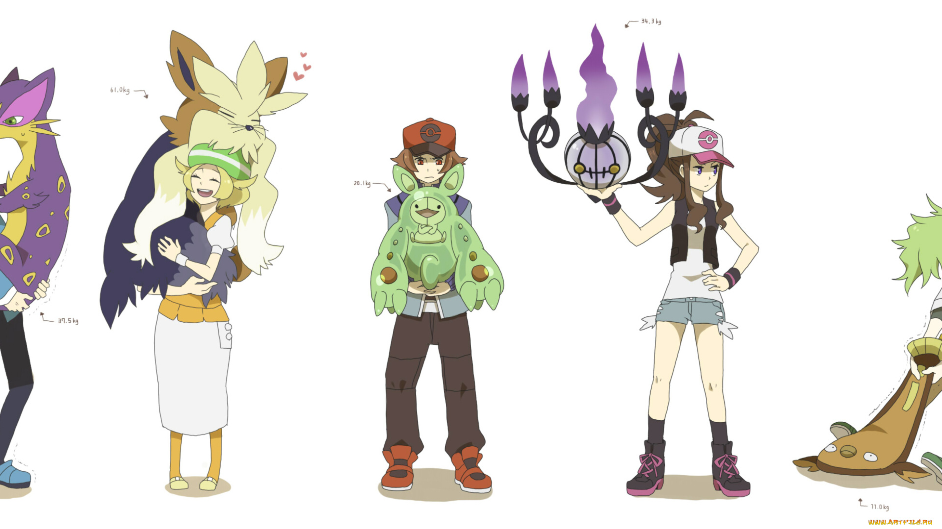 аниме, pokemon, персонажи, белый, фон, арт, покемоны
