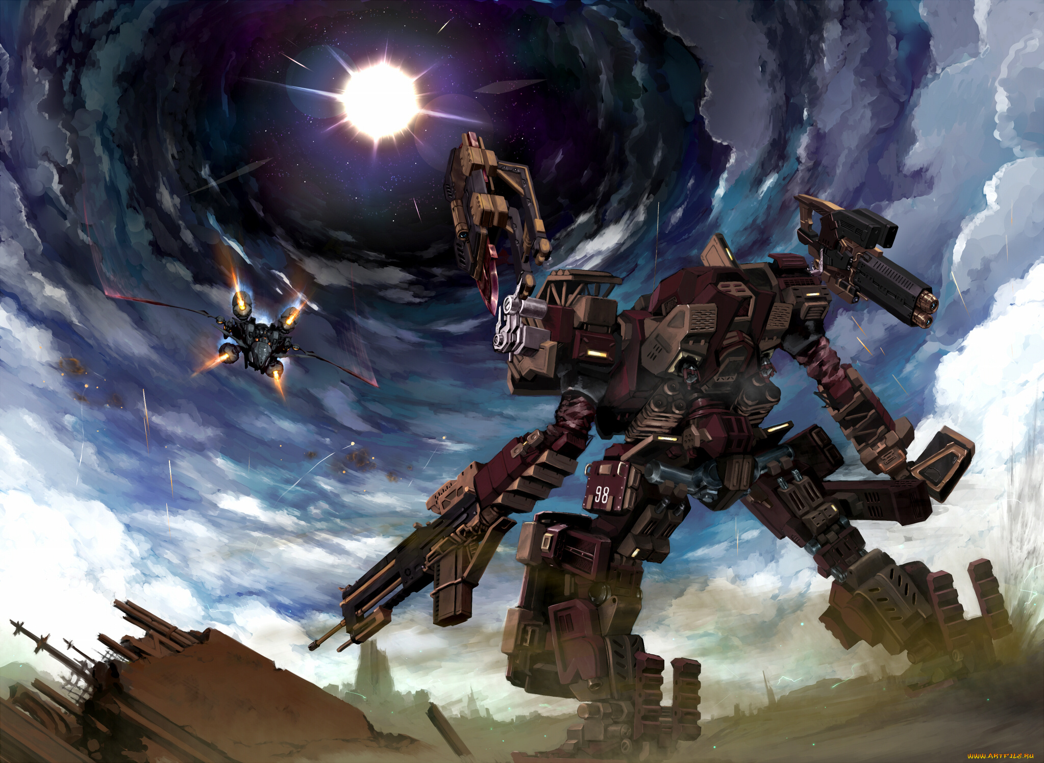 аниме, -weapon, , blood, &, technology, облака, небо, робот, armored, core, verdict, day, арт