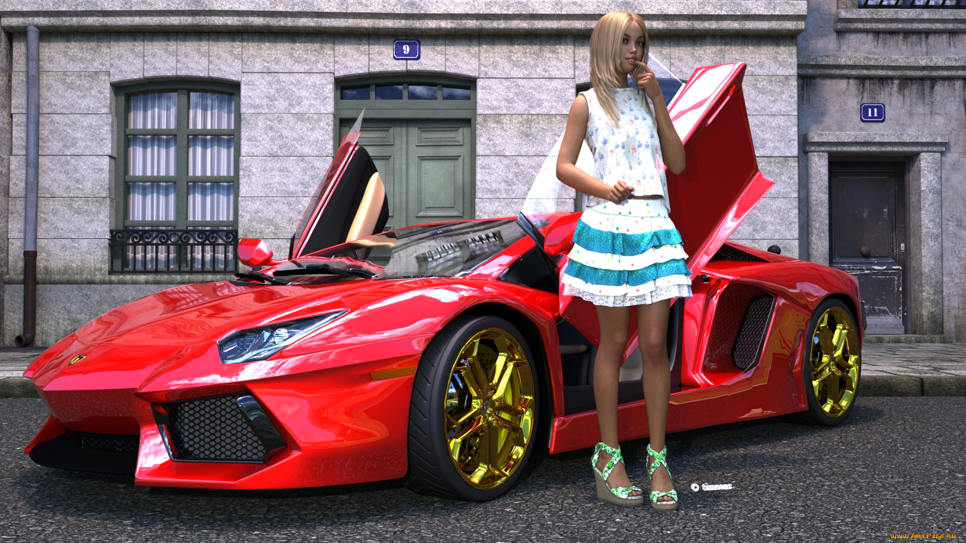 автомобили, 3d, car&girl, девушка, взгляд, фон, автомобиль