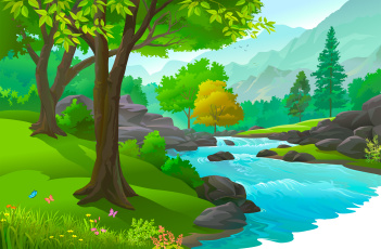 обоя векторная графика, природа , nature, река, вода, деревья