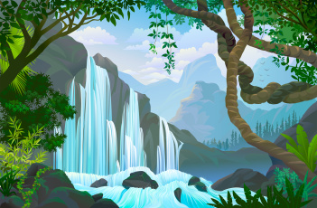 Картинка векторная+графика природа+ nature вода деревья водопад