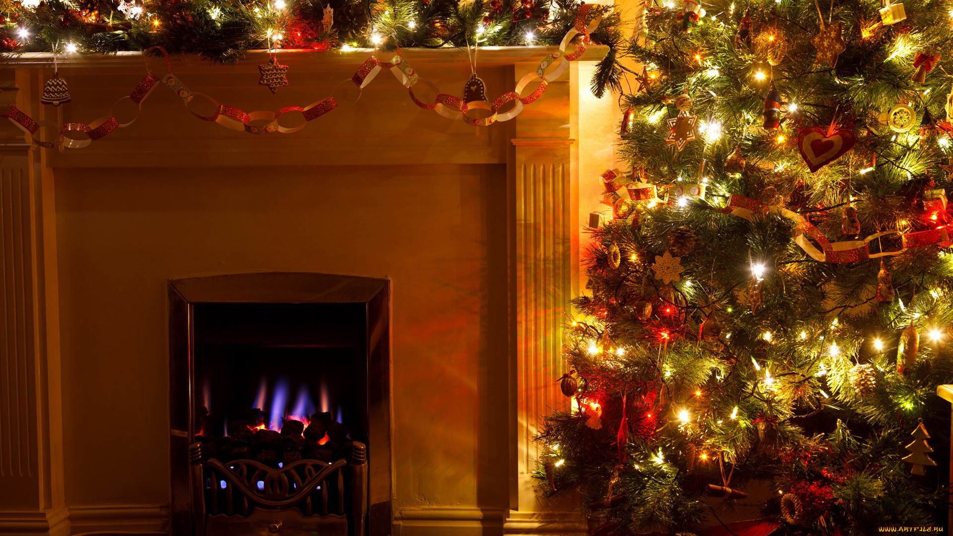 праздничные, новогодний, очаг, гирлянды, елка, камин, огонь