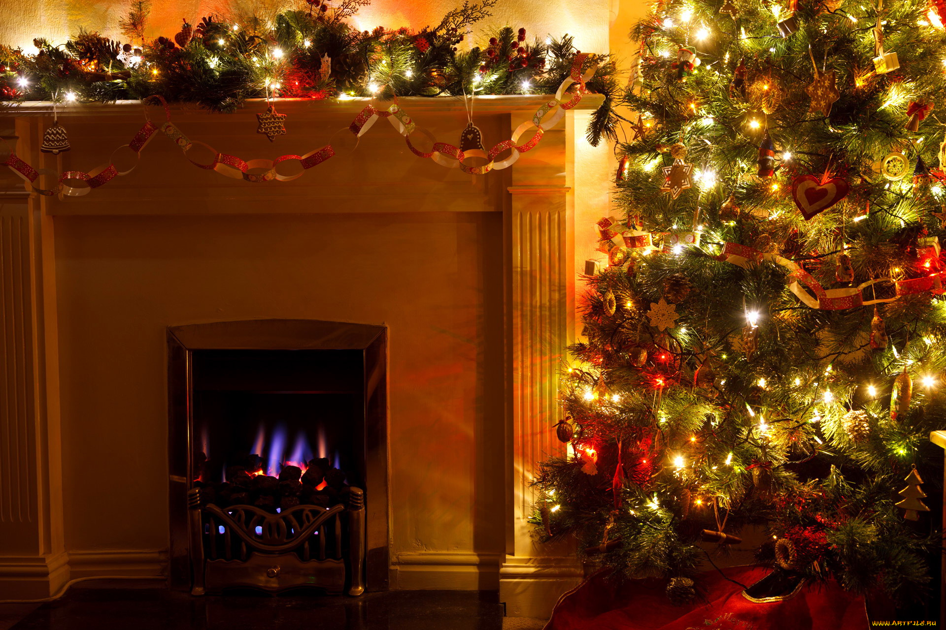 праздничные, новогодний, очаг, гирлянды, елка, камин, огонь