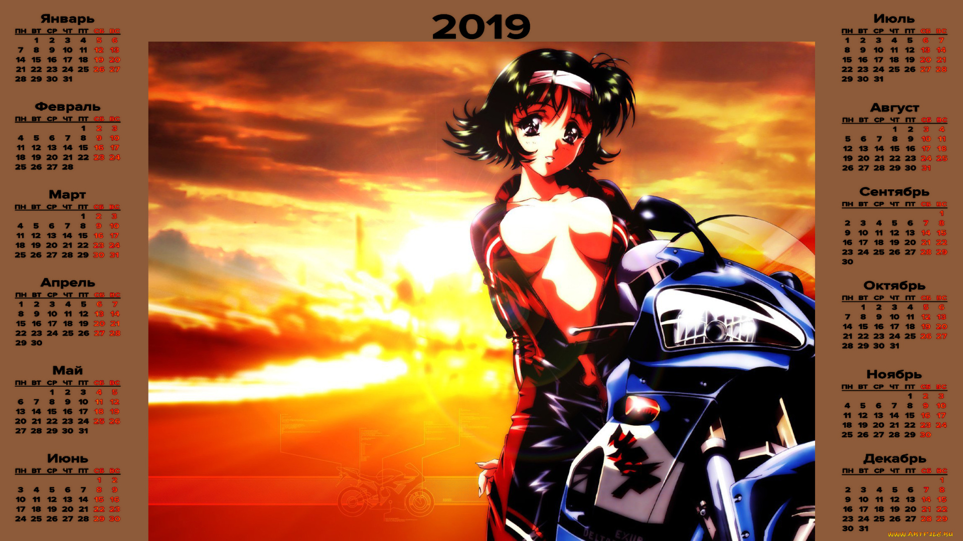 календари, аниме, взгляд, девушка, закат, мотоцикл