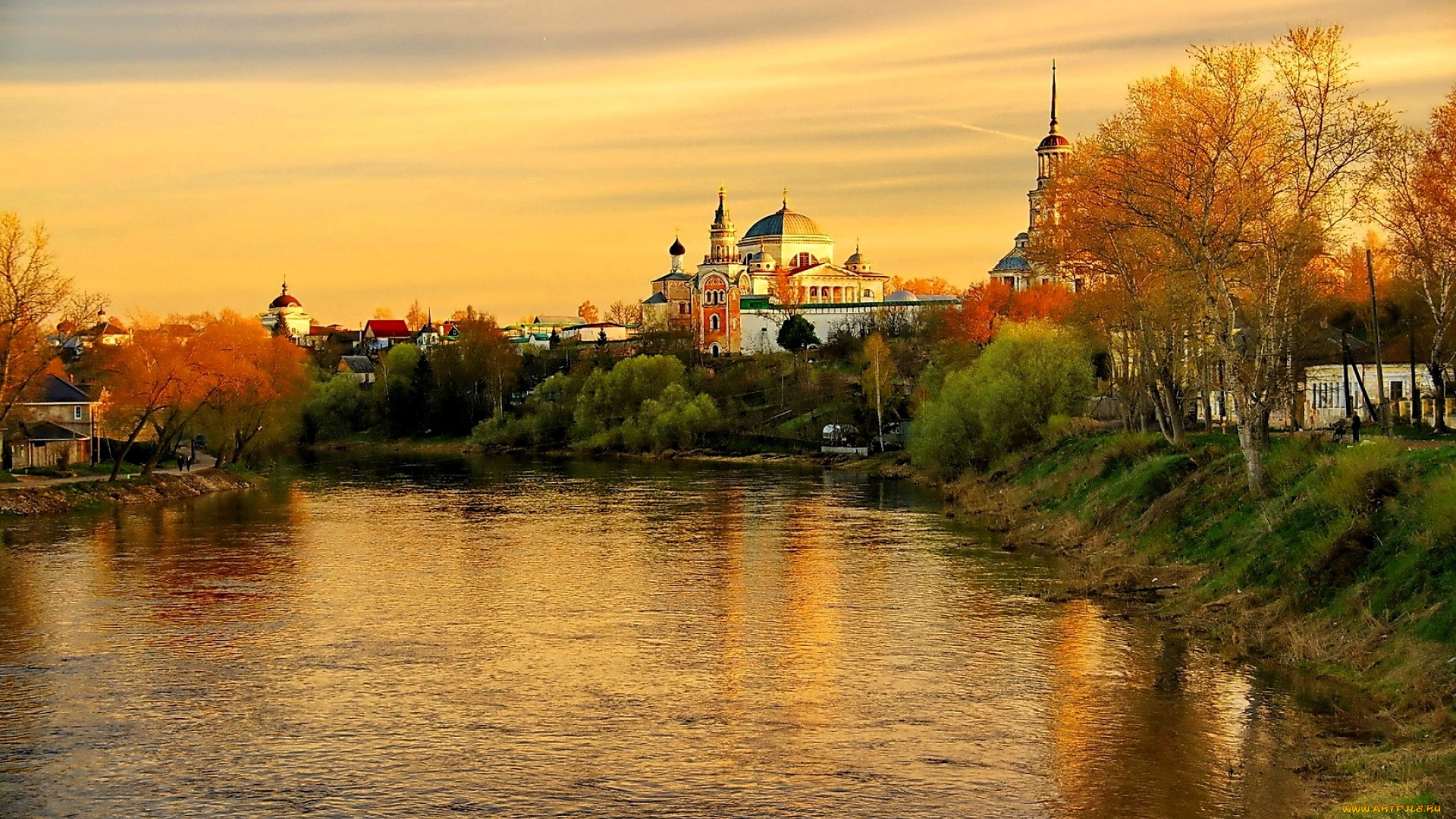 торжок, города, -, улицы, , площади, , набережные, здания, река, деревья, осень