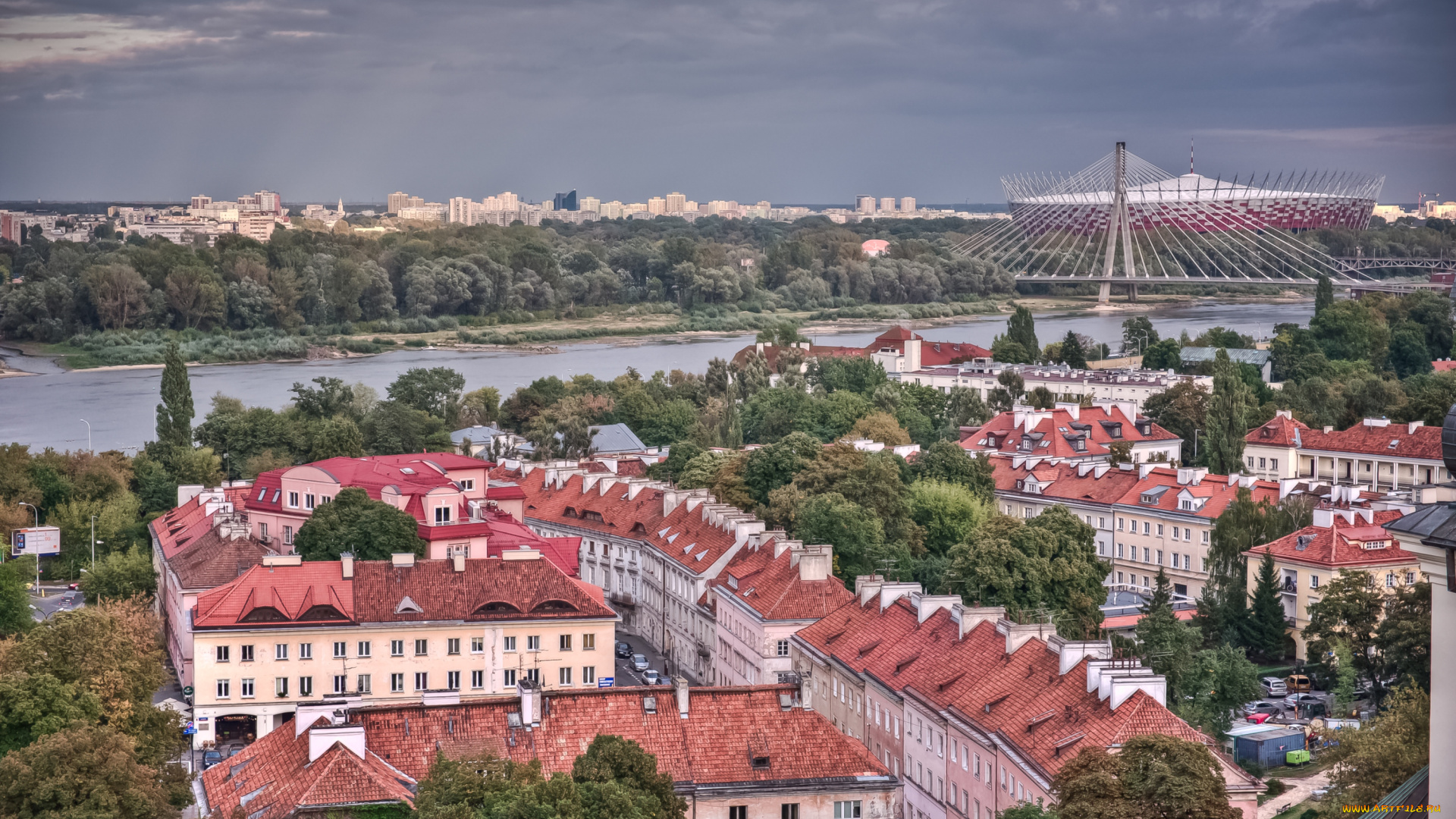 города, варшава, польша, стадион, дома, панорама