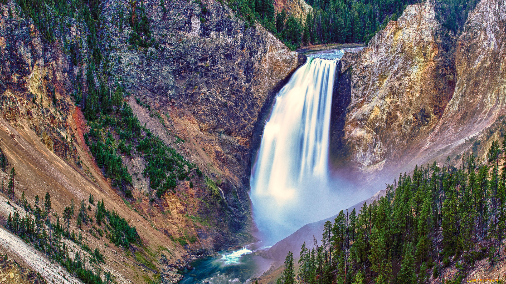 lower, falls, природа, водопады, поток, горы, деревья, yellowstone, national, park