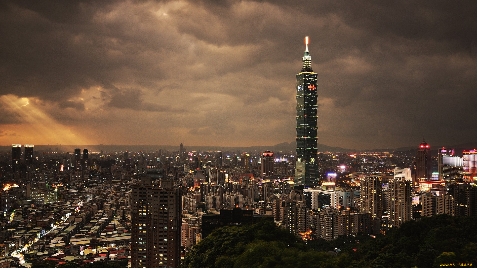 taipei, города, тайбэй, тайвань, огни, свет, тучи, город, ночь