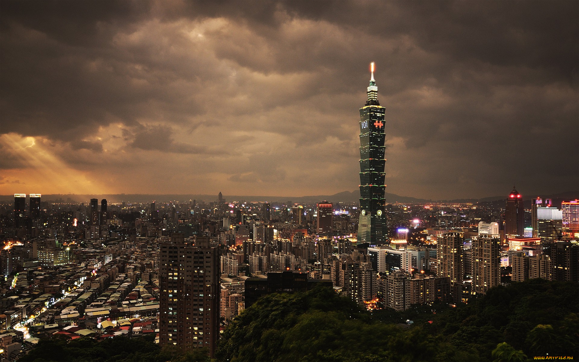 taipei, города, тайбэй, тайвань, огни, свет, тучи, город, ночь