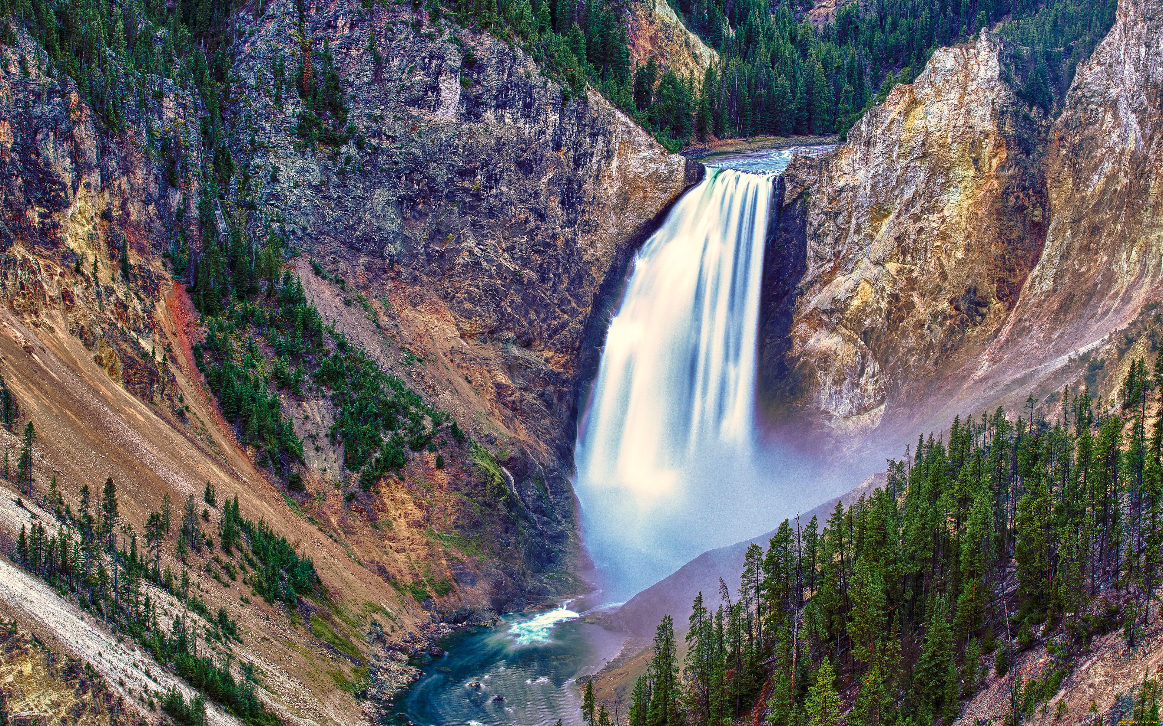 lower, falls, природа, водопады, поток, горы, деревья, yellowstone, national, park