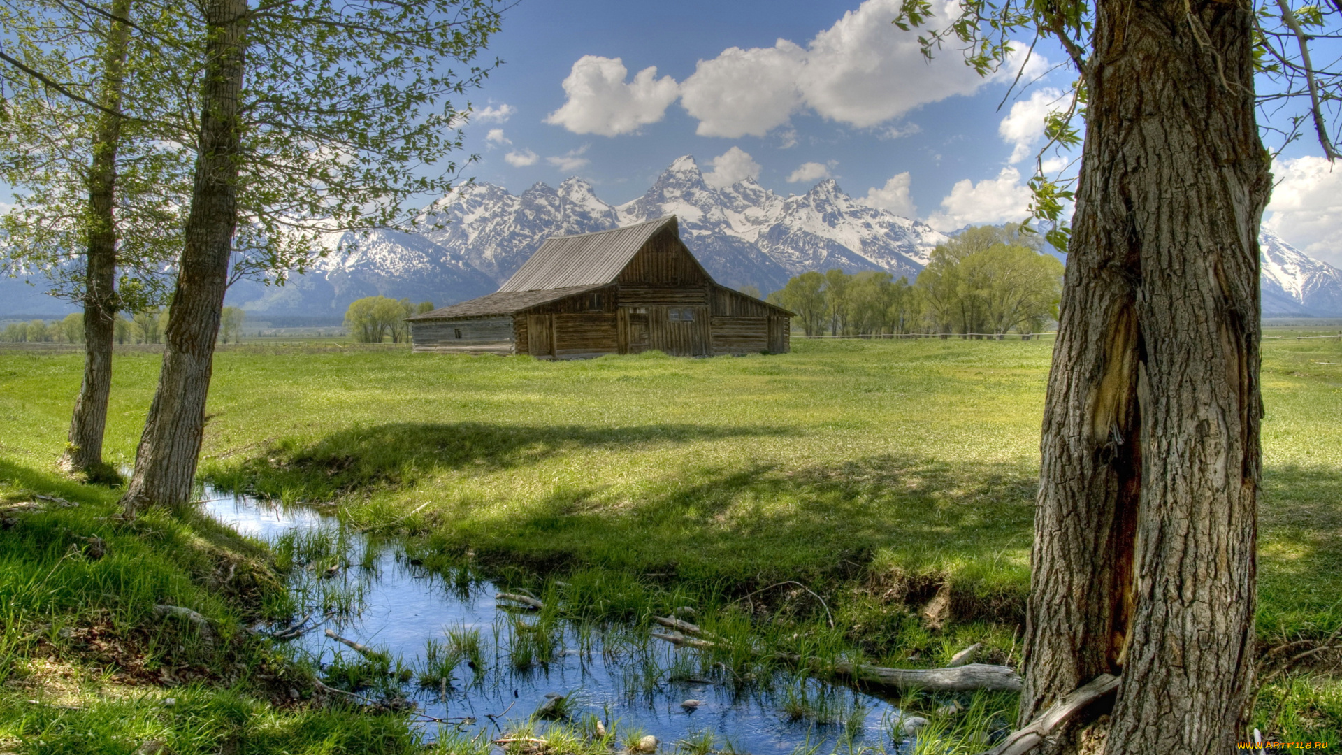 grand, teton, national, park, wyoming, природа, пейзажи, парк, горы, строение, трава, банф, хижина, thomas, moulton, barn, деревья, ручей