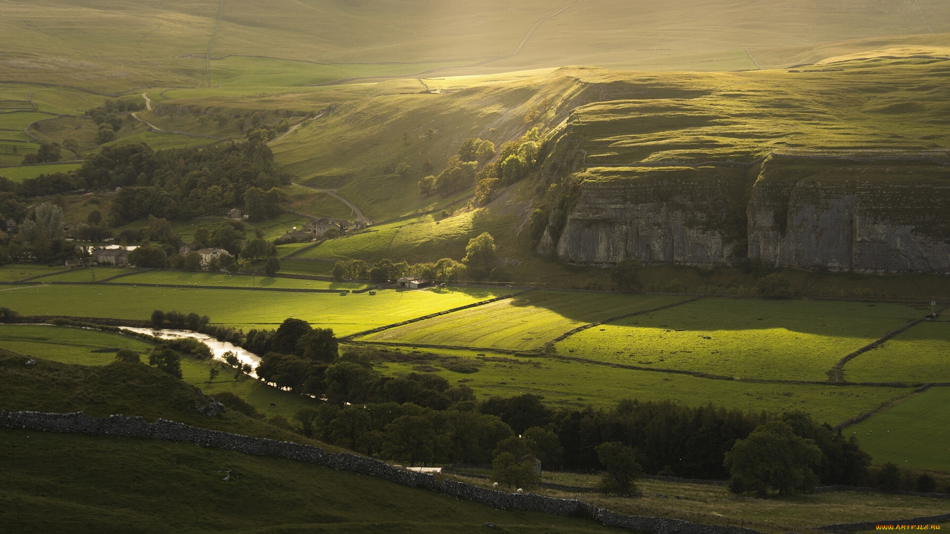 kilnsey, north, yorkshire, england, природа, поля, река, панорама, скалы, северный, йоркшир, килнси, англия