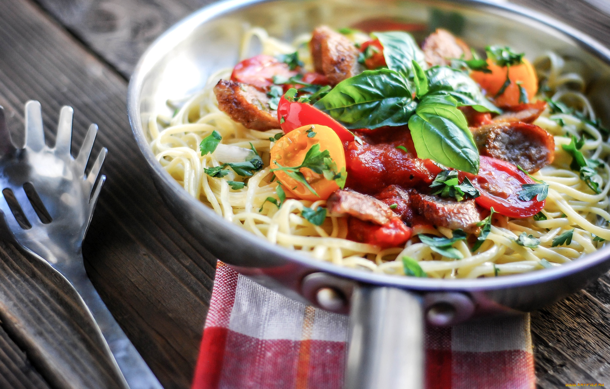 еда, макаронные, блюда, спагетти, базилик, помидоры