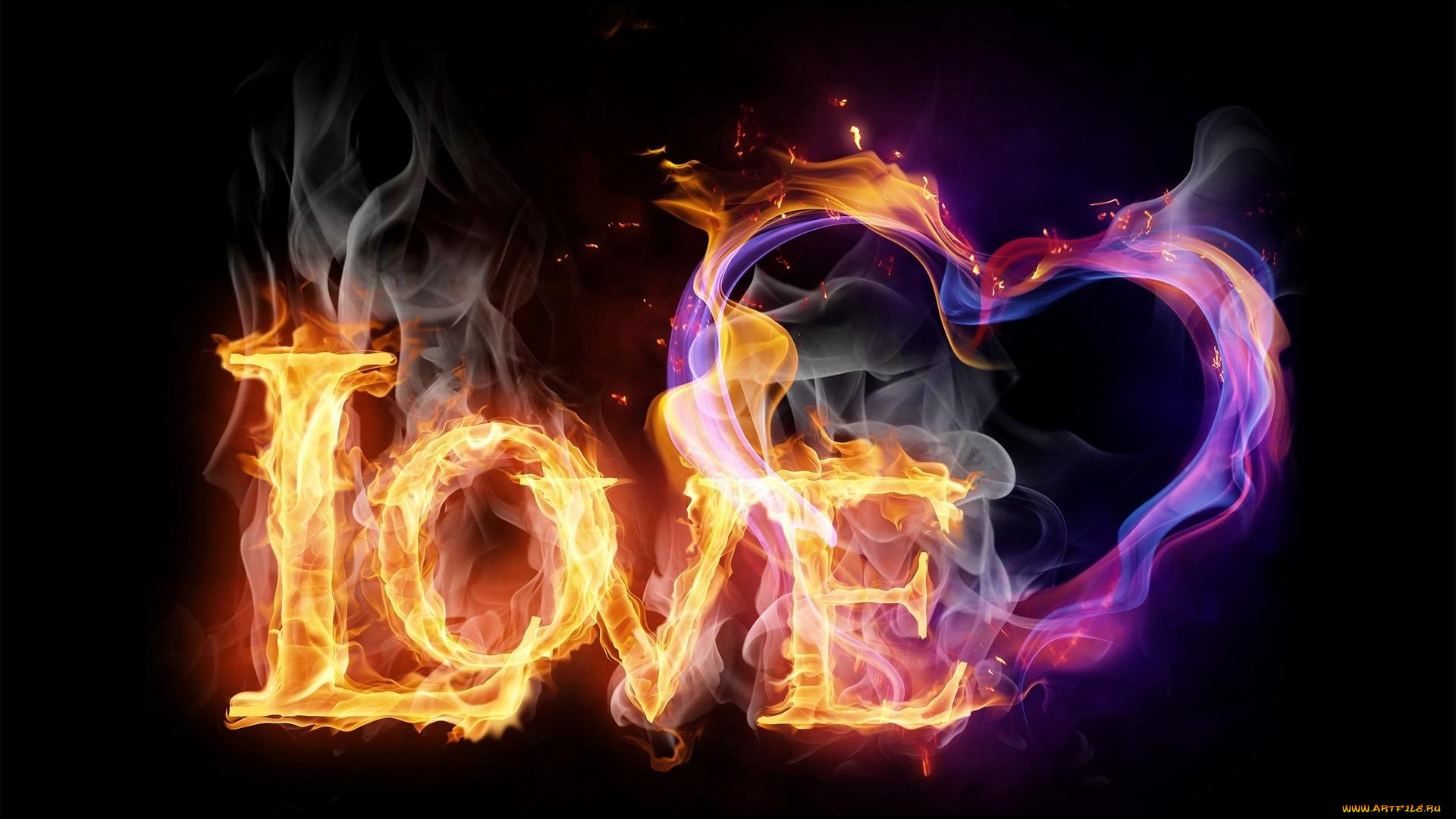 3д, графика, романтика, , romantics, любовь, сердце, огонь, черный, фон, цвета, надпись, дым