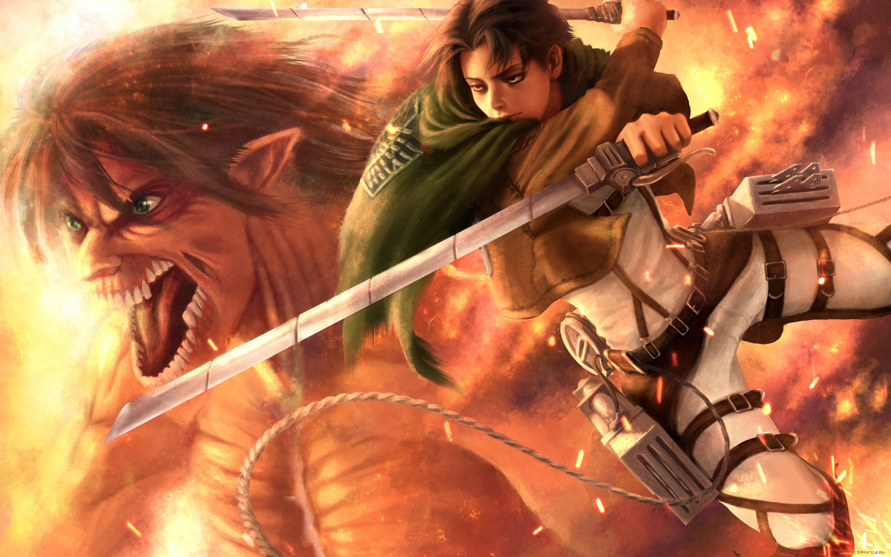 аниме, shingeki, no, kyojin, титан, levi, огонь, мечи, прыжок, воин, attack, on, titan