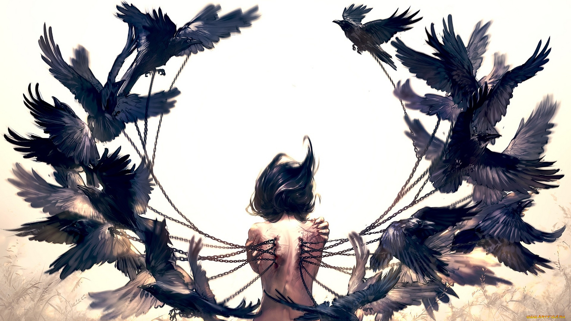 аниме, ангелы, , демоны, ворон, спина, кровь, wenqing, yan, арт, цепи, птицы, крылья, девушка