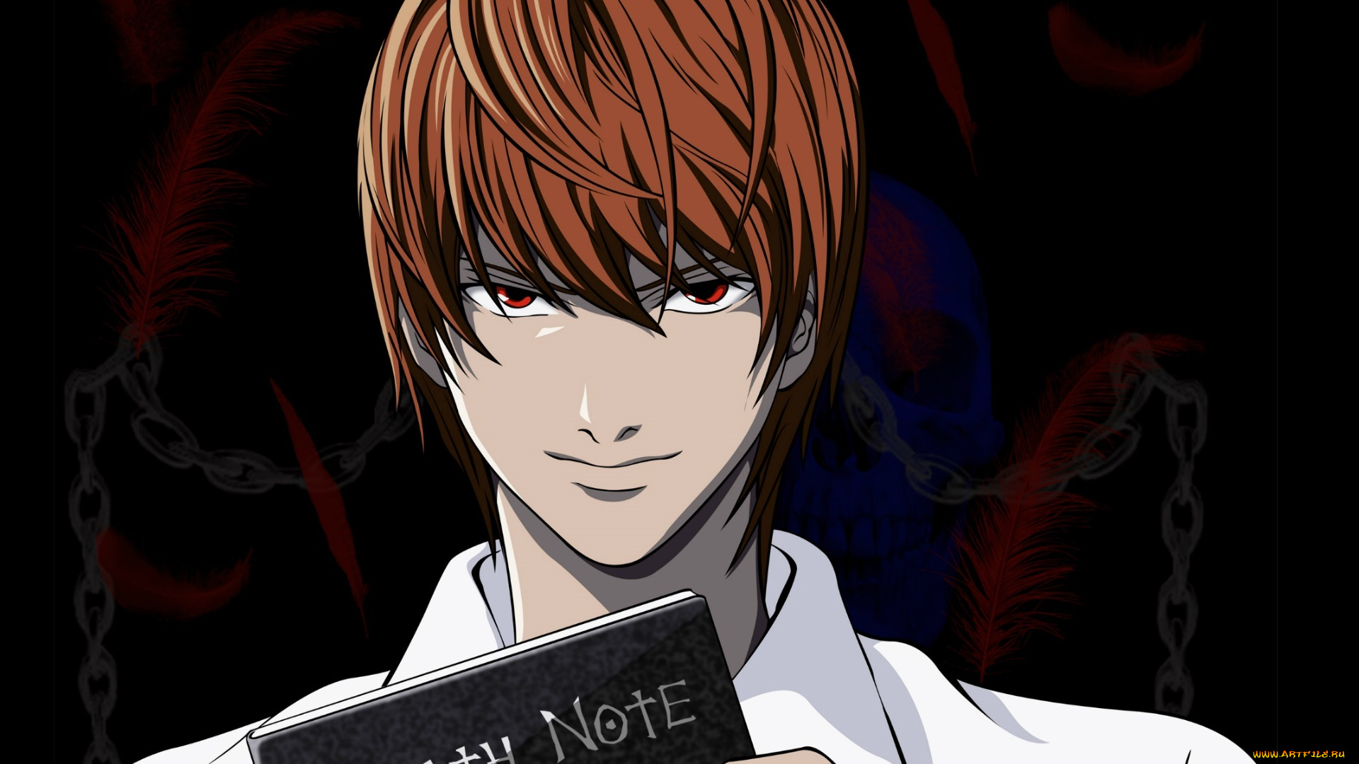 аниме, death, note, light, yagami, череп, цепи, красные, глаза, death, note, тетрадь, смерти, art, takeshi, obata, kira, убийца