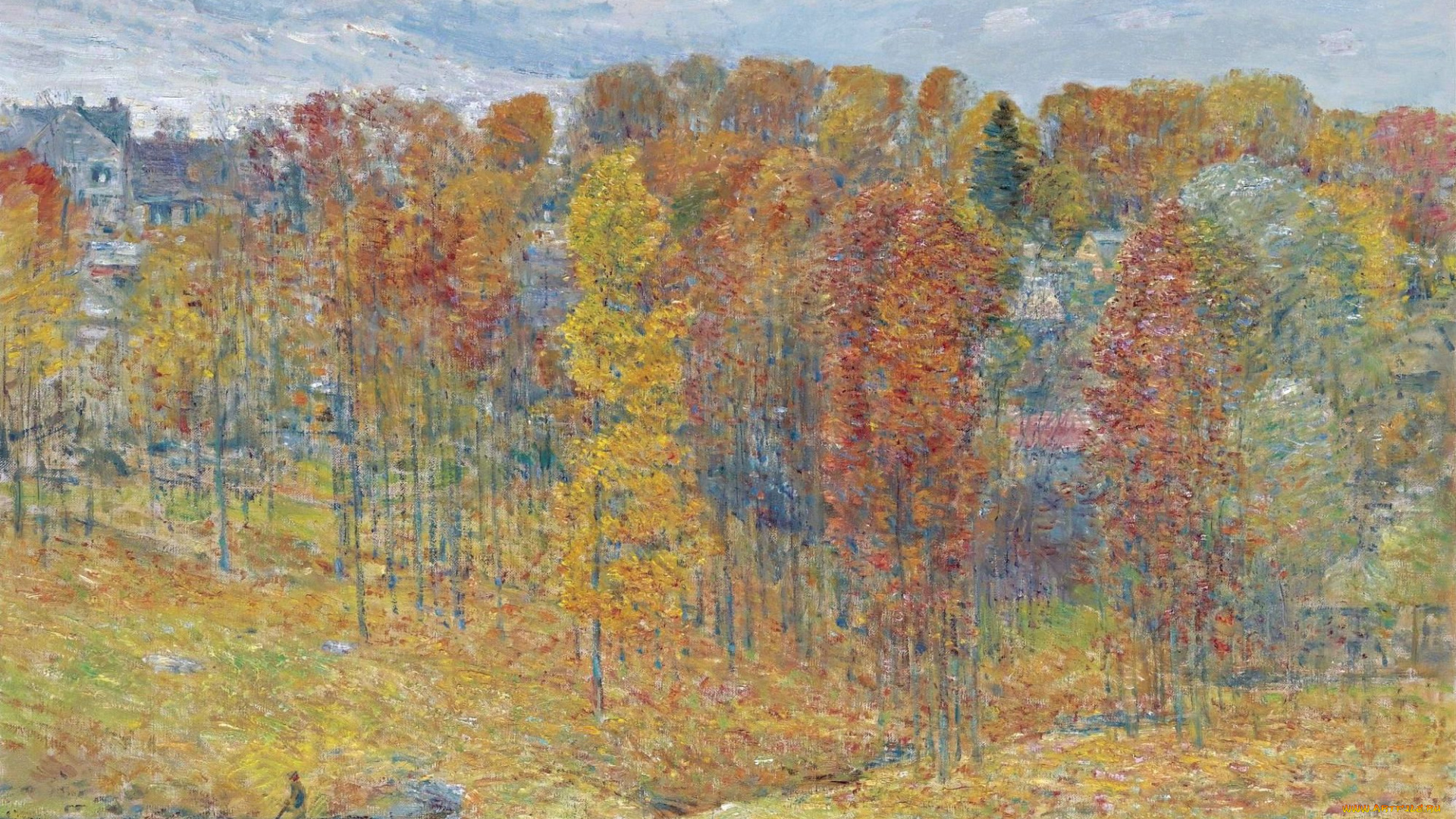 autumn, рисованное, frederick, childe, hassam, осень, небо, облака, деревья, лес, человек