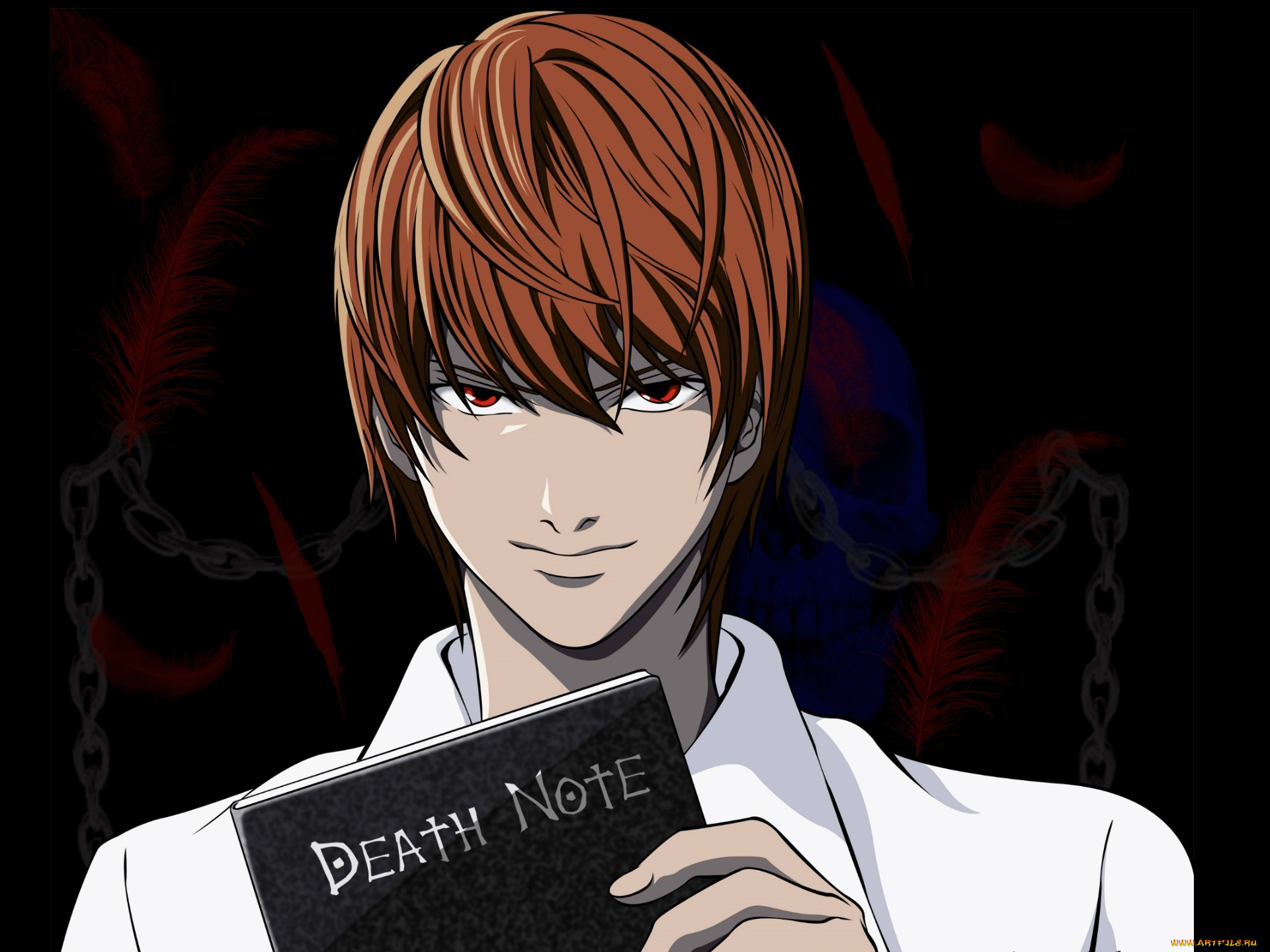 аниме, death, note, light, yagami, череп, цепи, красные, глаза, death, note, тетрадь, смерти, art, takeshi, obata, kira, убийца