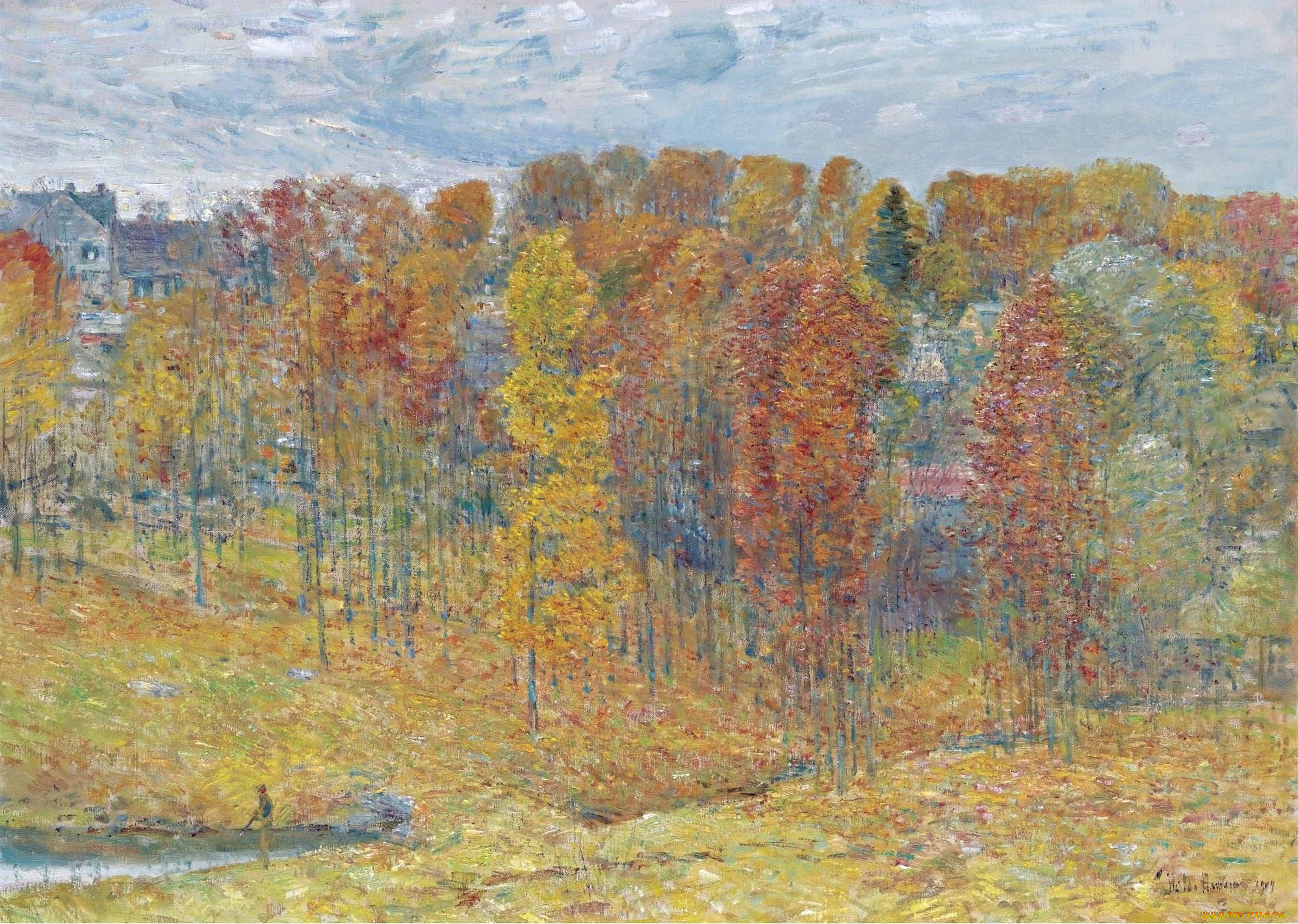 autumn, рисованное, frederick, childe, hassam, осень, небо, облака, деревья, лес, человек