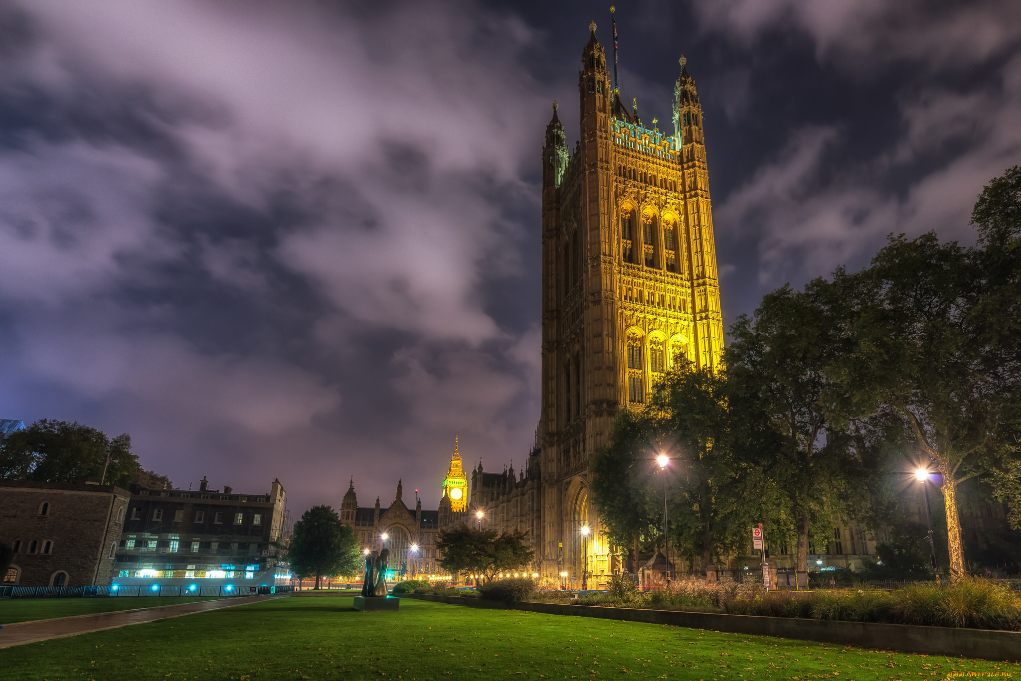 parliament, города, лондон, , великобритания, ночь, парк, парламент, огни