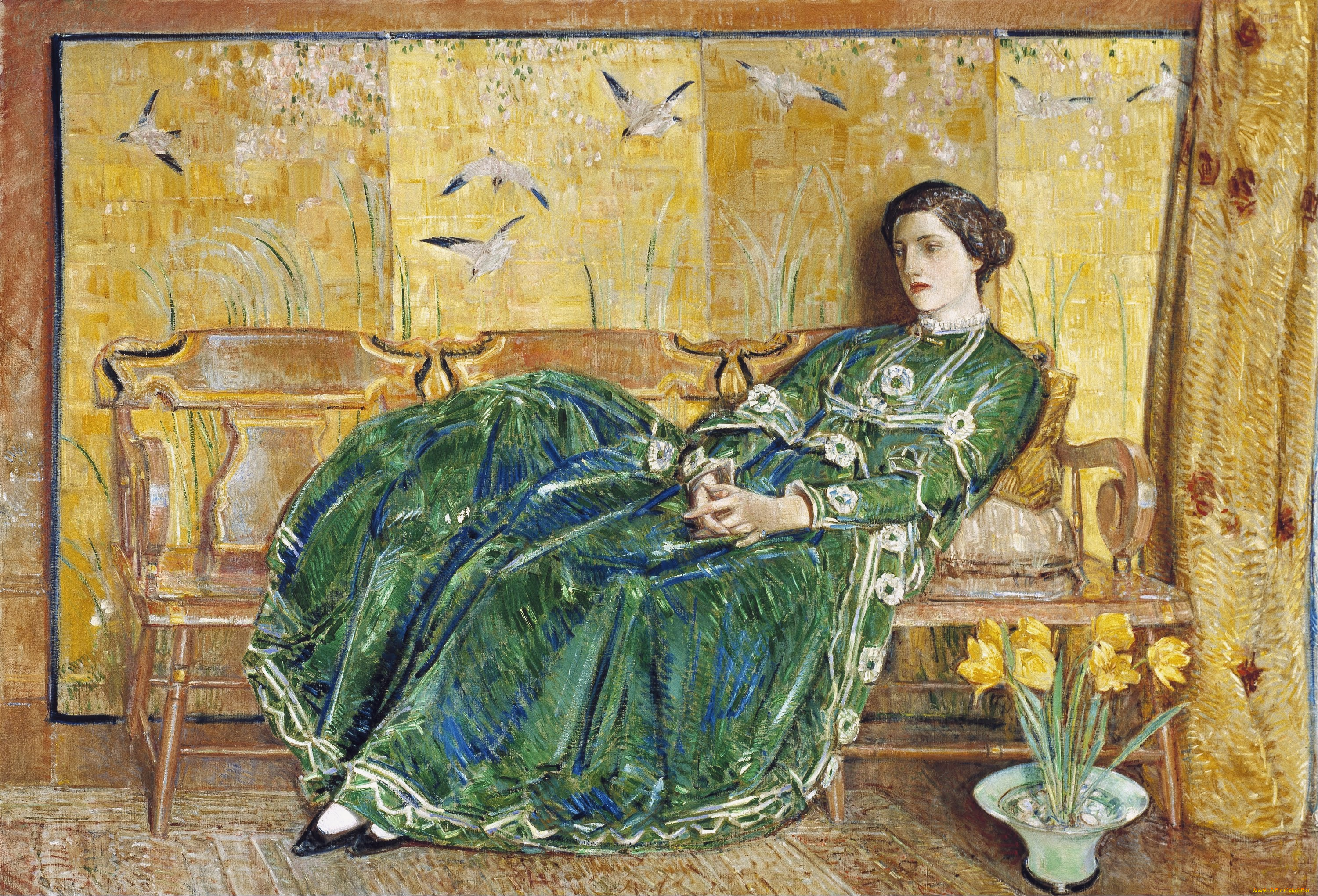 april, the, green, gown, рисованное, frederick, childe, hassam, женщина, платье, шторы, панно, птицы, цветы, скамейка