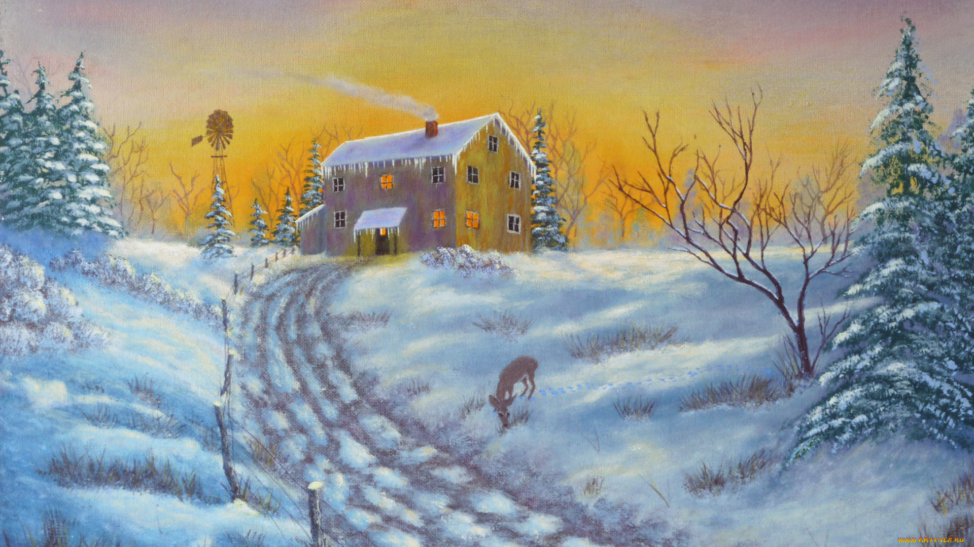 рисованные, природа, олень, дом, снег
