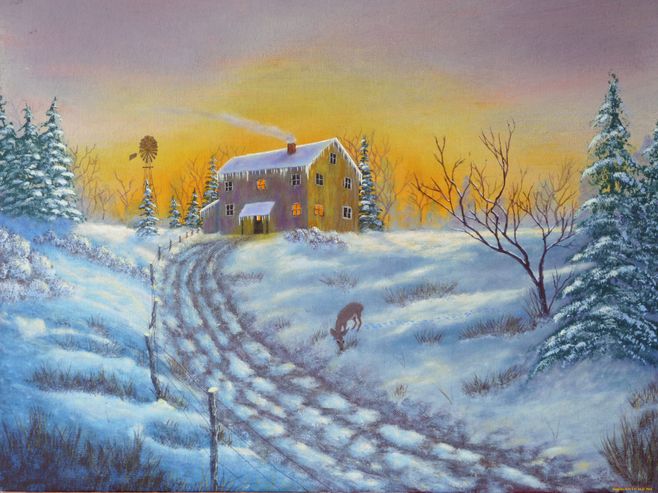 рисованные, природа, олень, дом, снег