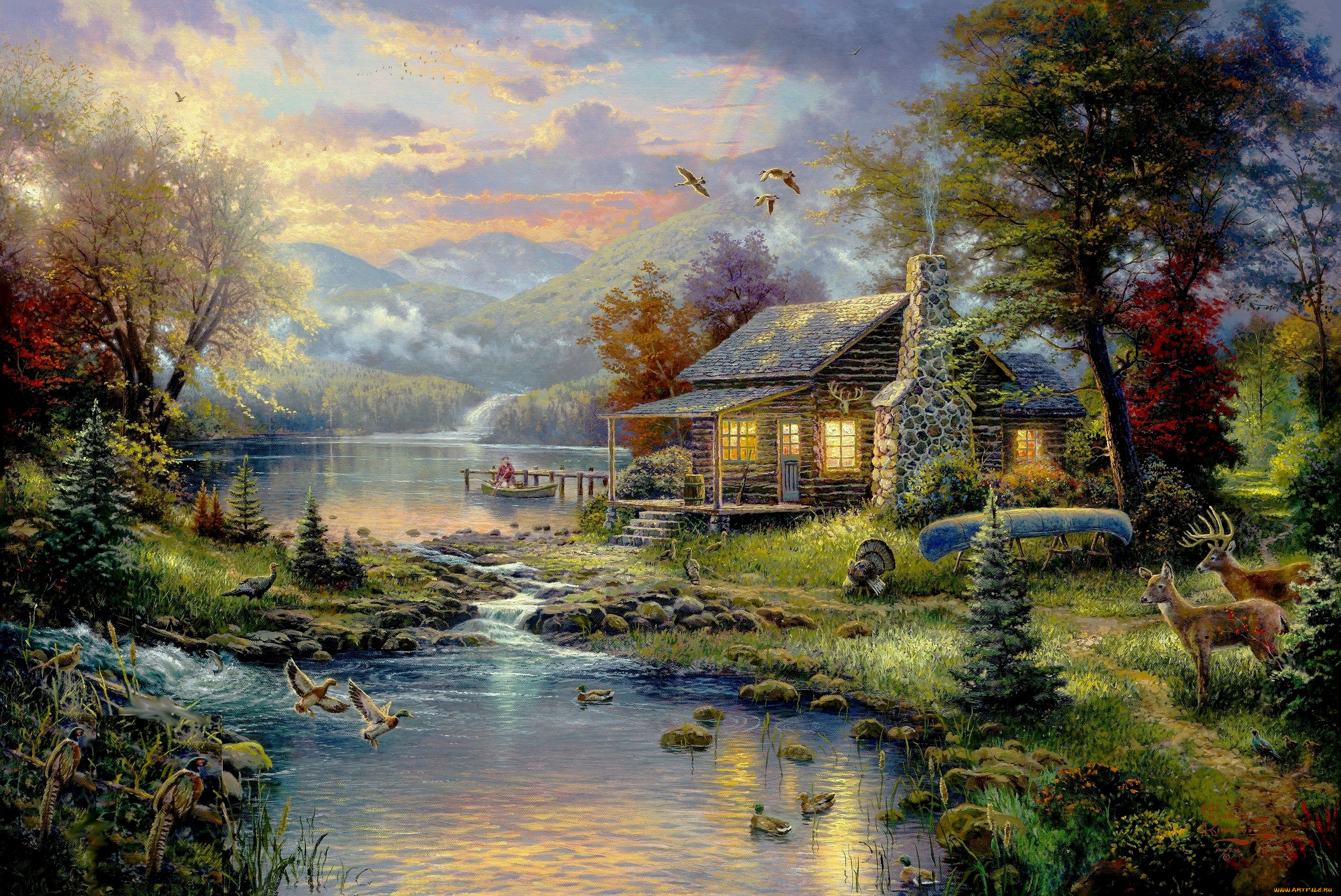 thomas, kinkade, рисованные, пейзаж, деревья, река, озеро, горы, утки, олени, дом