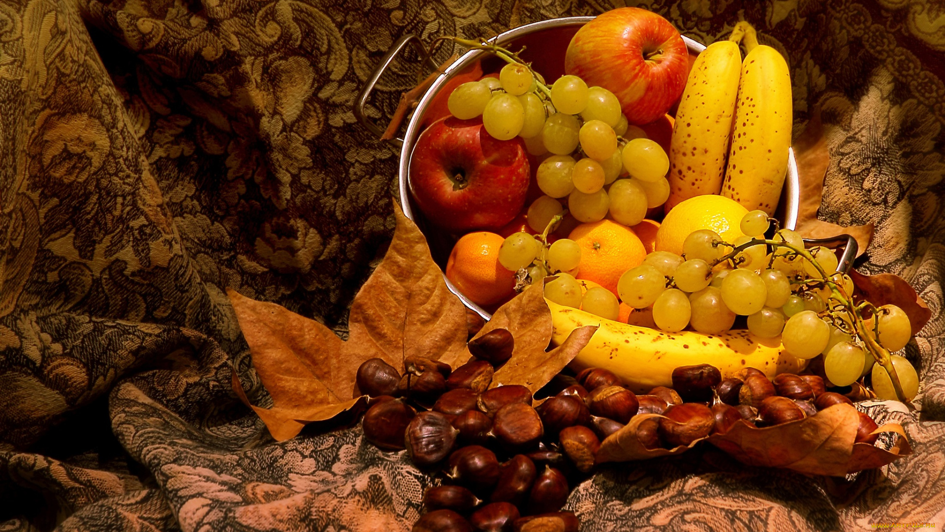 еда, натюрморт, каштаны, мандарины, бананы, яблоки, виноград