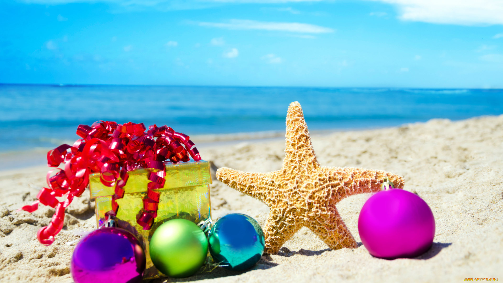 праздничные, разное, новый, год, песок, звезда, подарок, бант, шарики, пляж, море