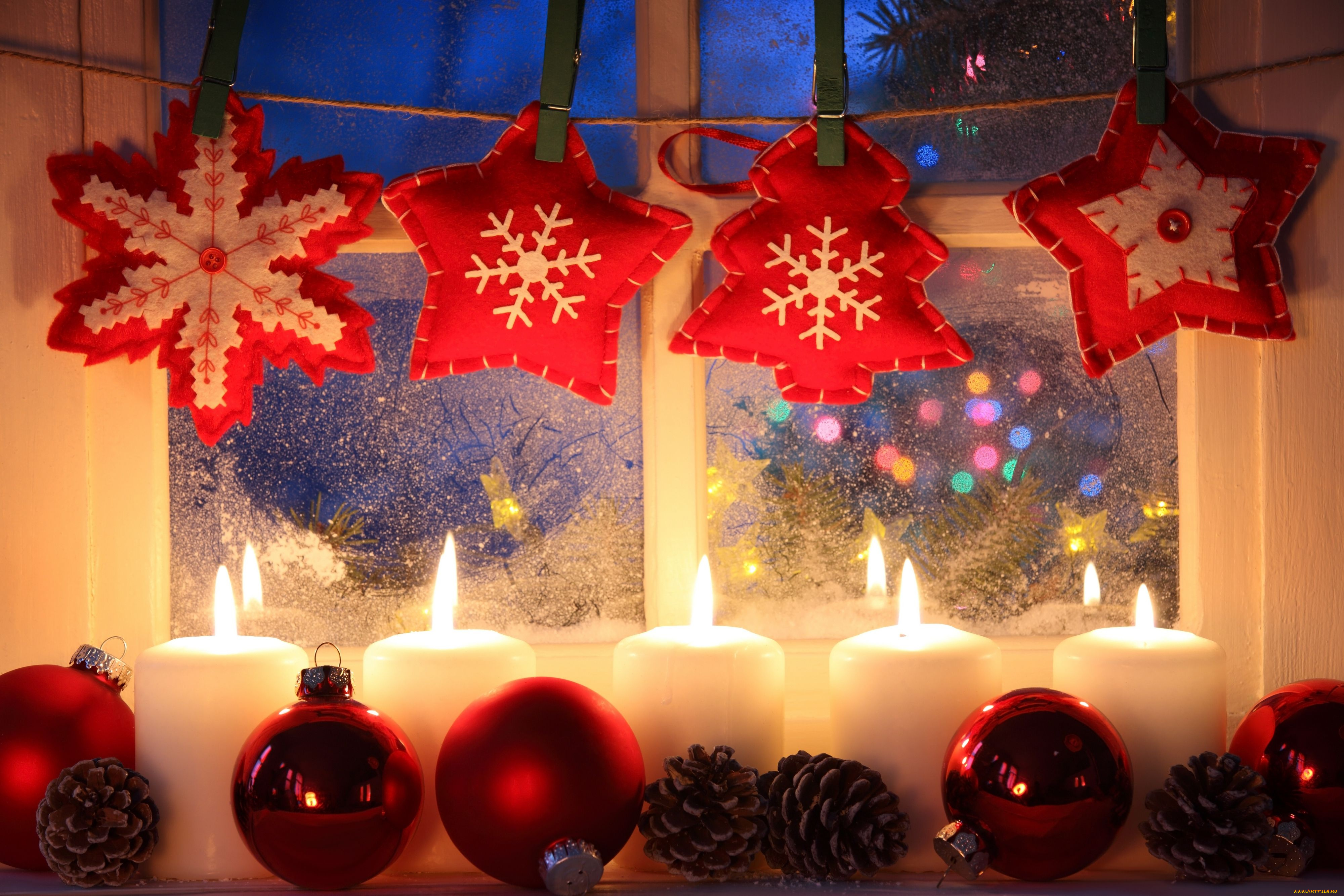 праздничные, разное, новый, год, окно, гирлянда, свечи, шарики, шишки
