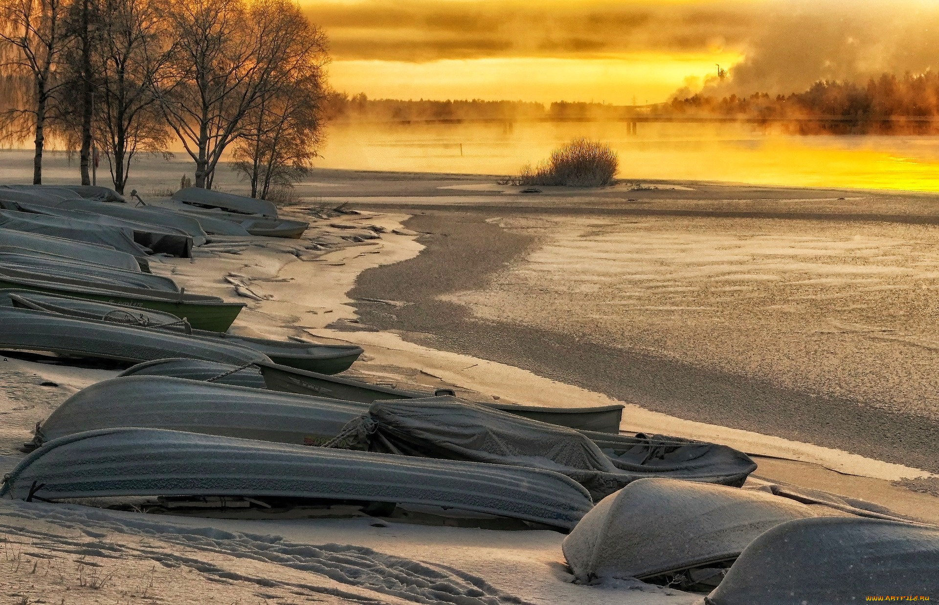 корабли, лодки, , шлюпки, горы, река, деревья, river, trees, снег, nature, landscape, sky, sunset, winter, boats, snow, пейзаж, небо, закат, зима