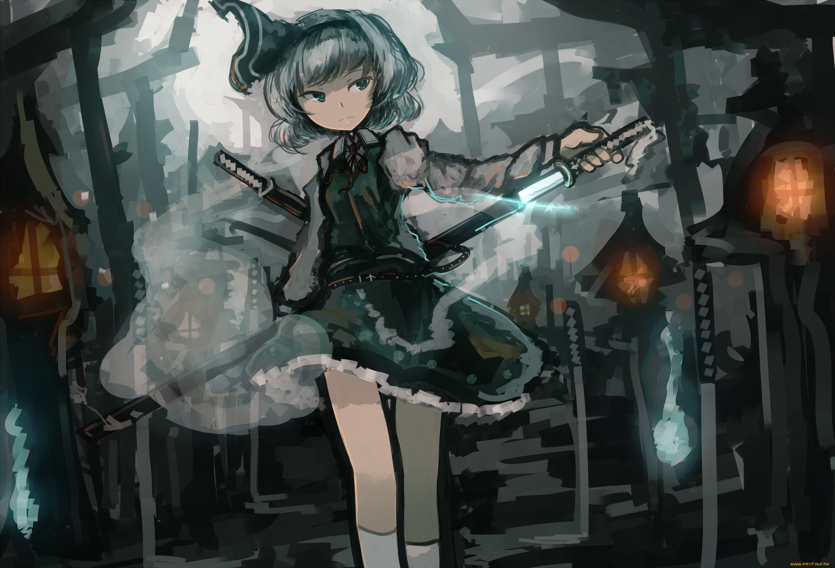 аниме, touhou, арт, myon, konpaku, youmu, руины, меч, mifuru, девушка