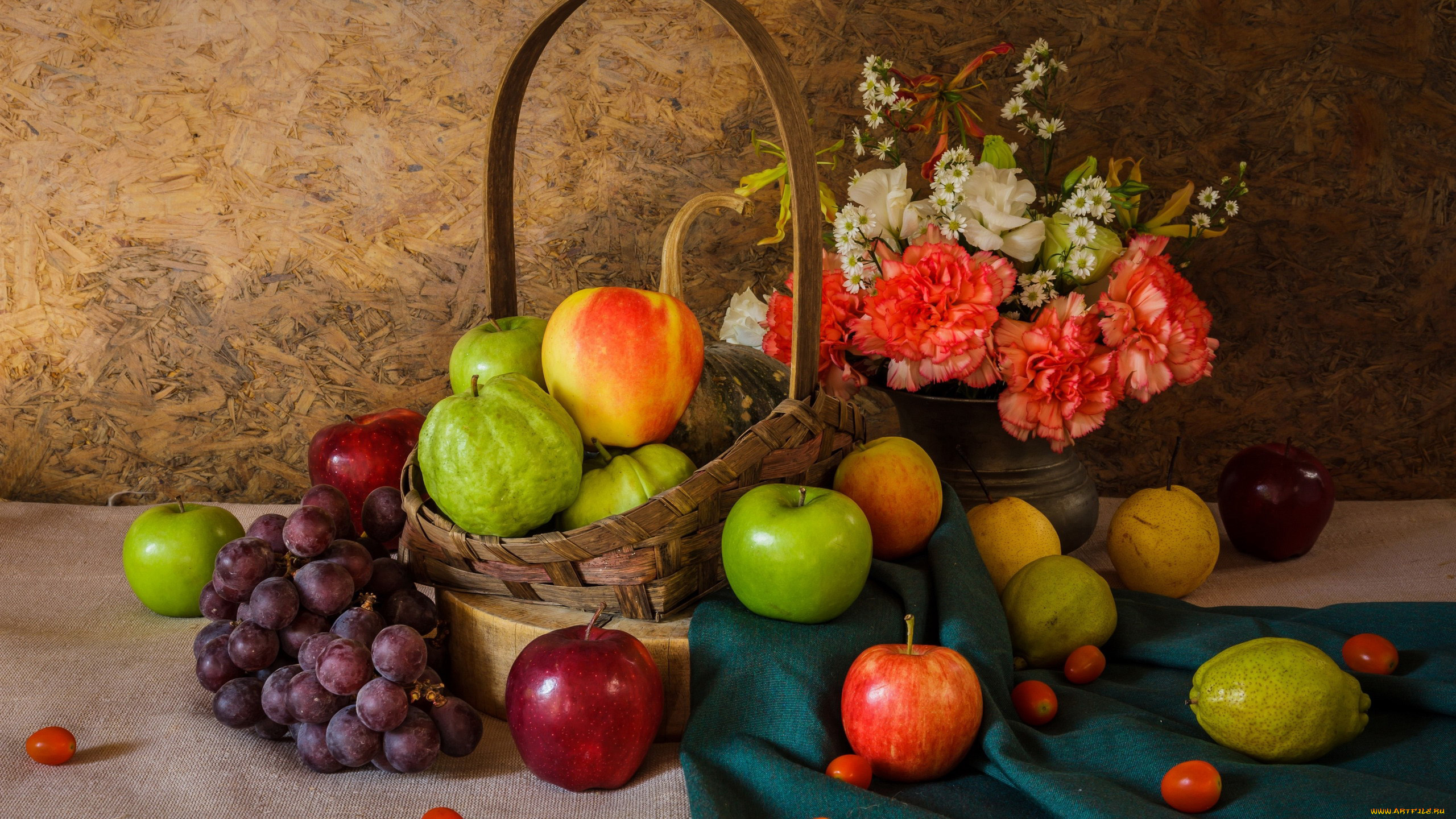 еда, натюрморт, буке, гвоздики, цветы, яблоки, виноград, лимон