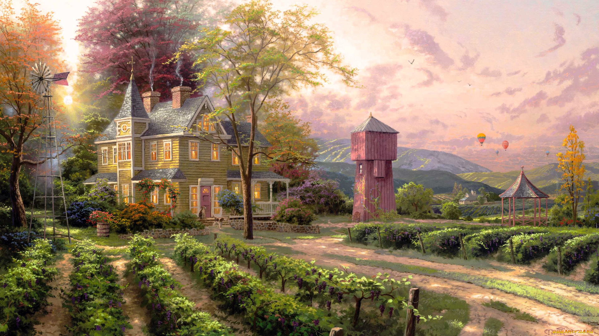 рисованное, thomas, kinkade, дом, постройки, огород, горы