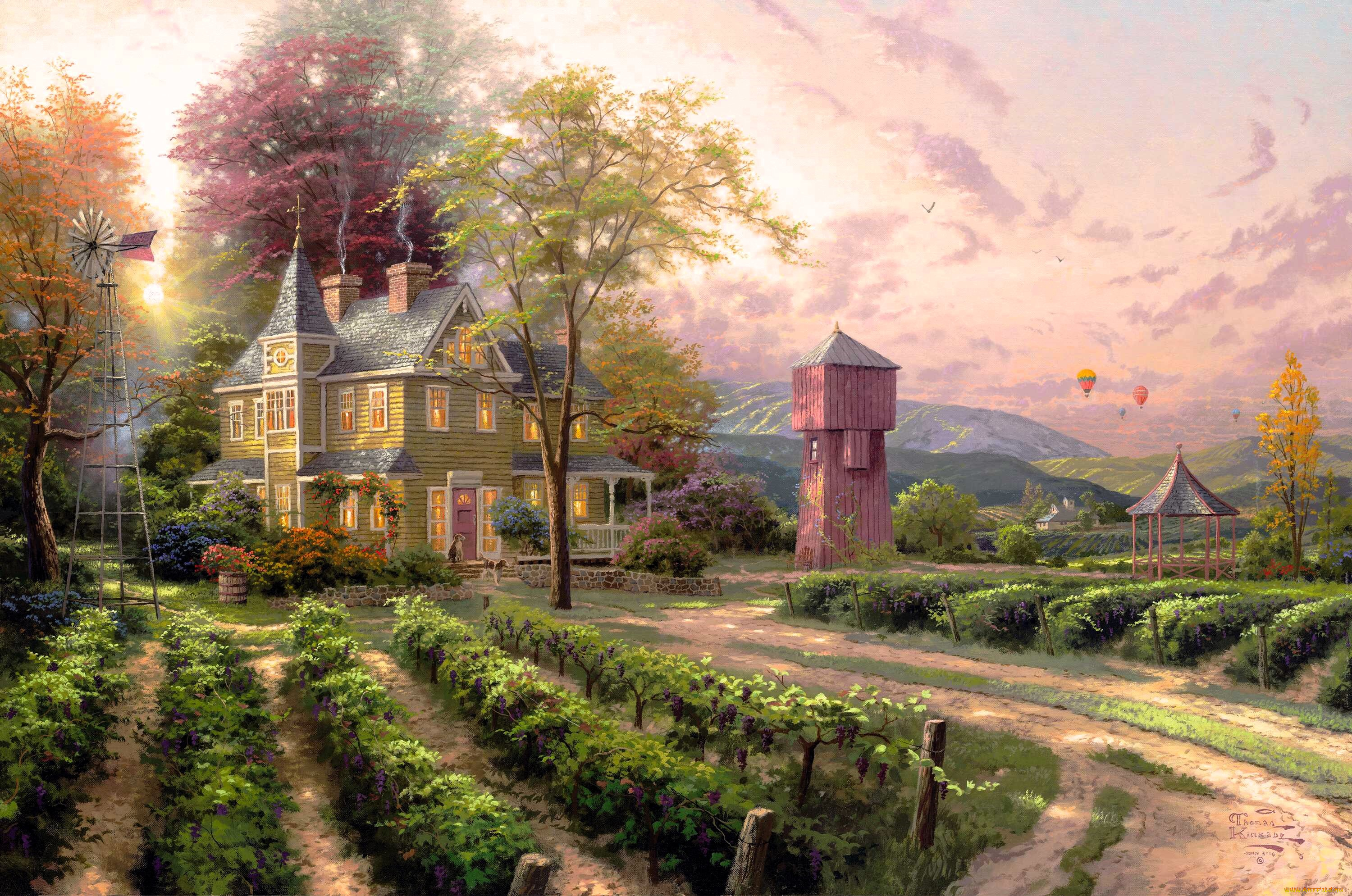 рисованное, thomas, kinkade, дом, постройки, огород, горы