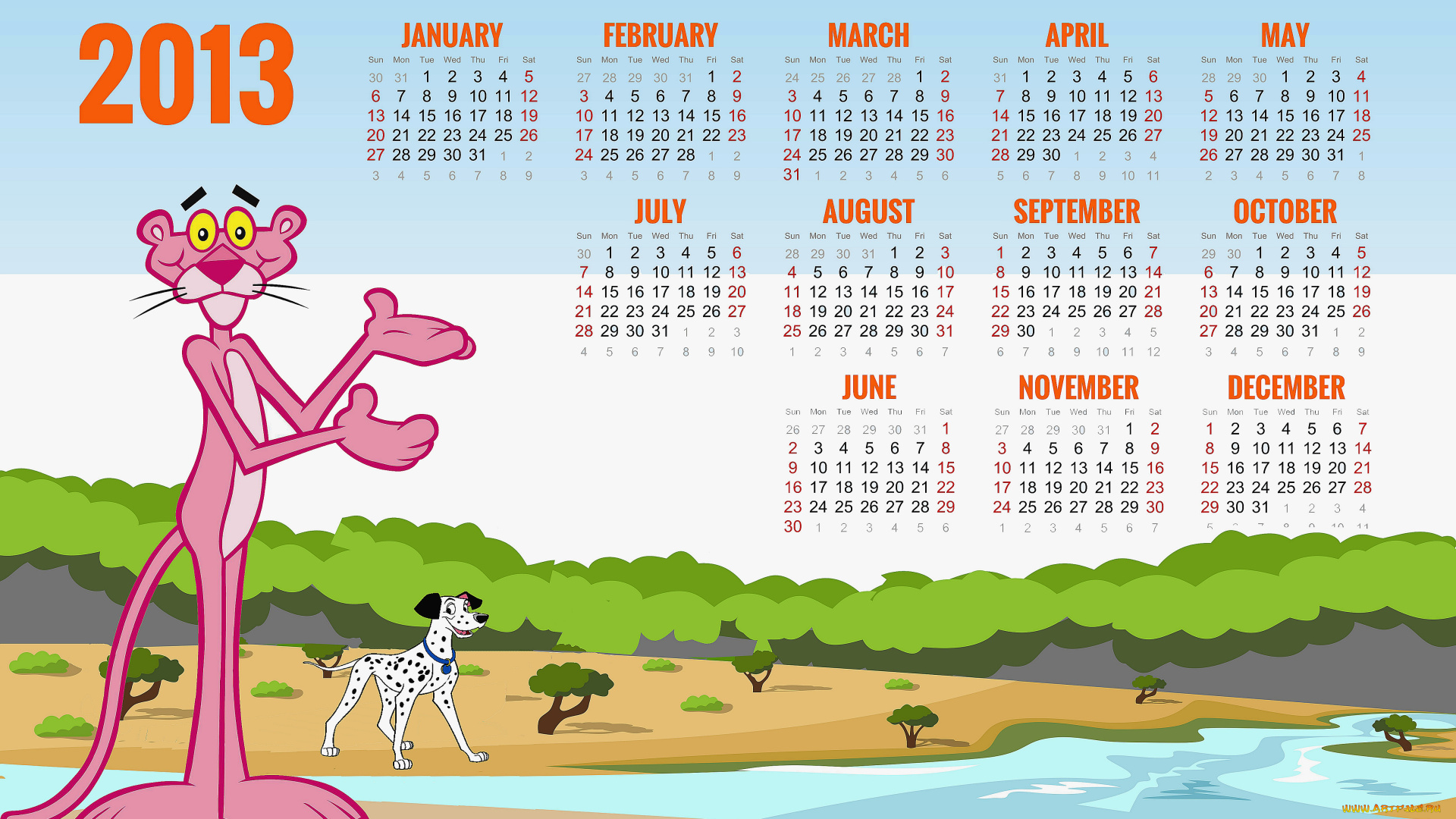 календари, кино, мультфильмы, pink, panther, далматин, пожелания, 2013, calendar, dalmatian, best, wishes