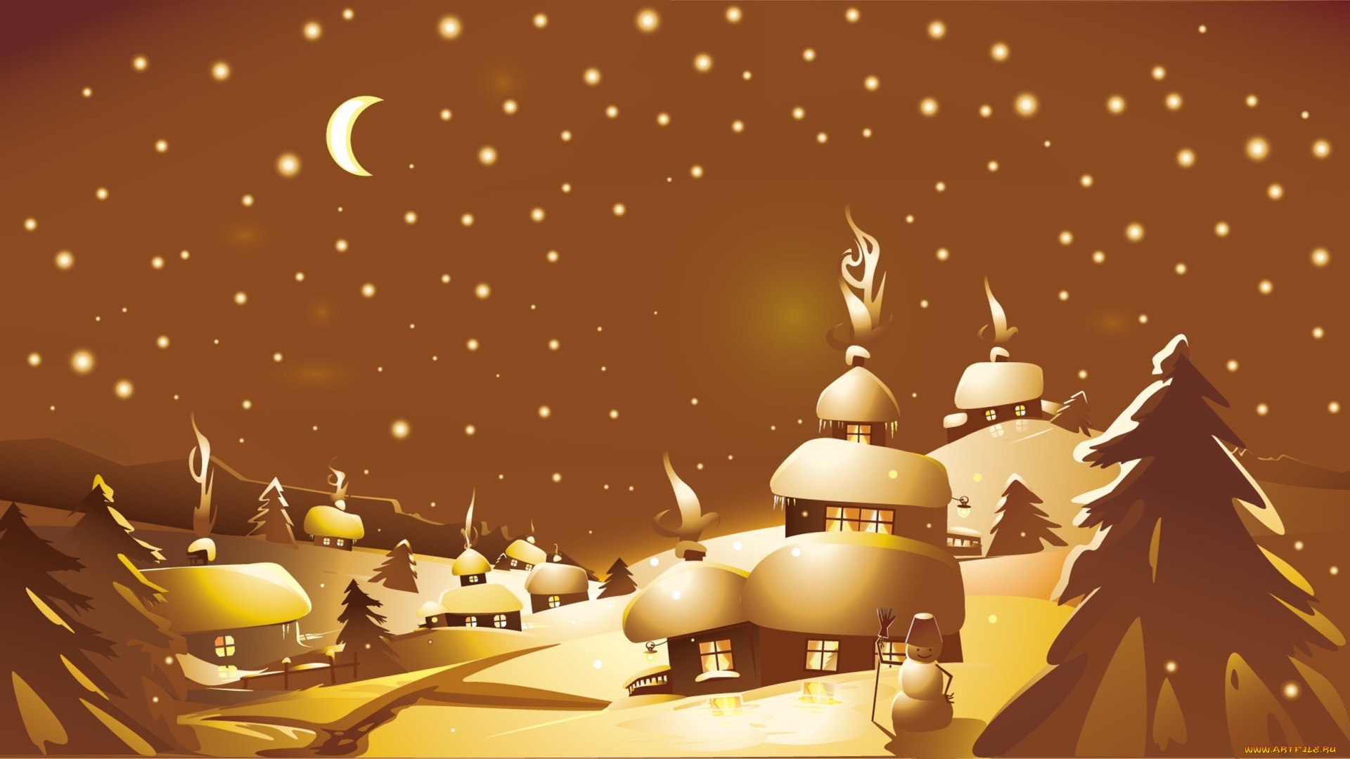 праздничные, векторная, графика, новый, год, домики, дымок, окна, ночь, звёзды, месяц, ёлки, снеговик, зима, снег, холмы