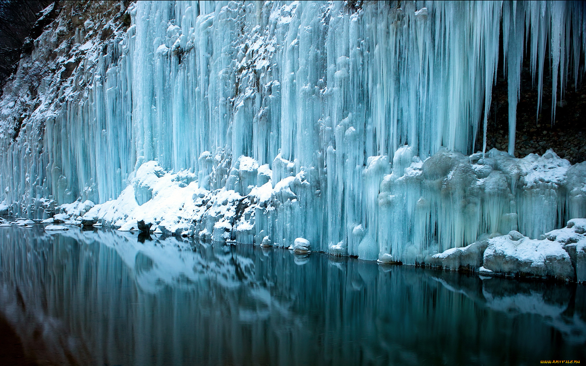 природа, зима, скала, вода
