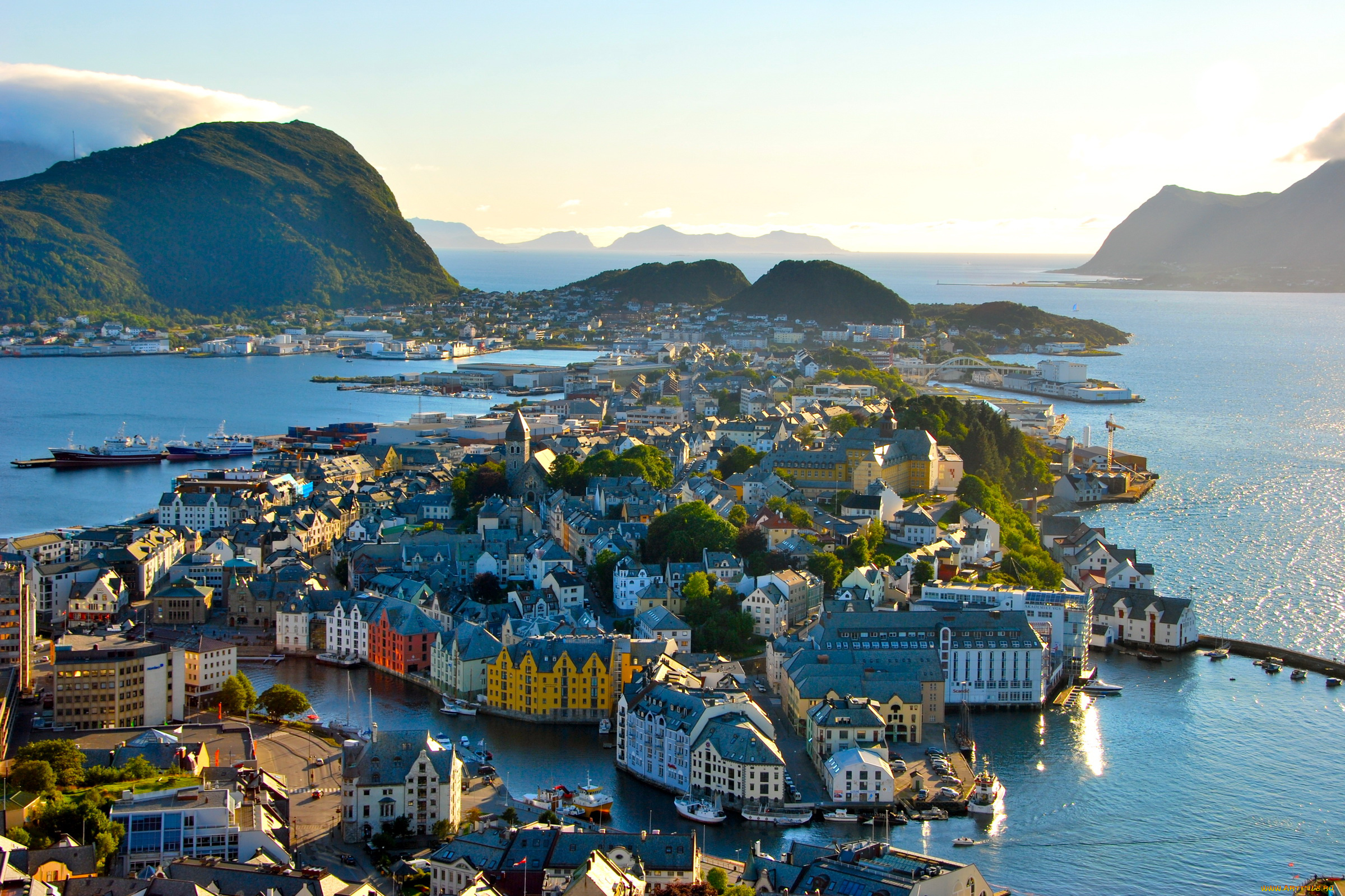 норвегия, олесунн, города, панорамы, дома, море, панорама
