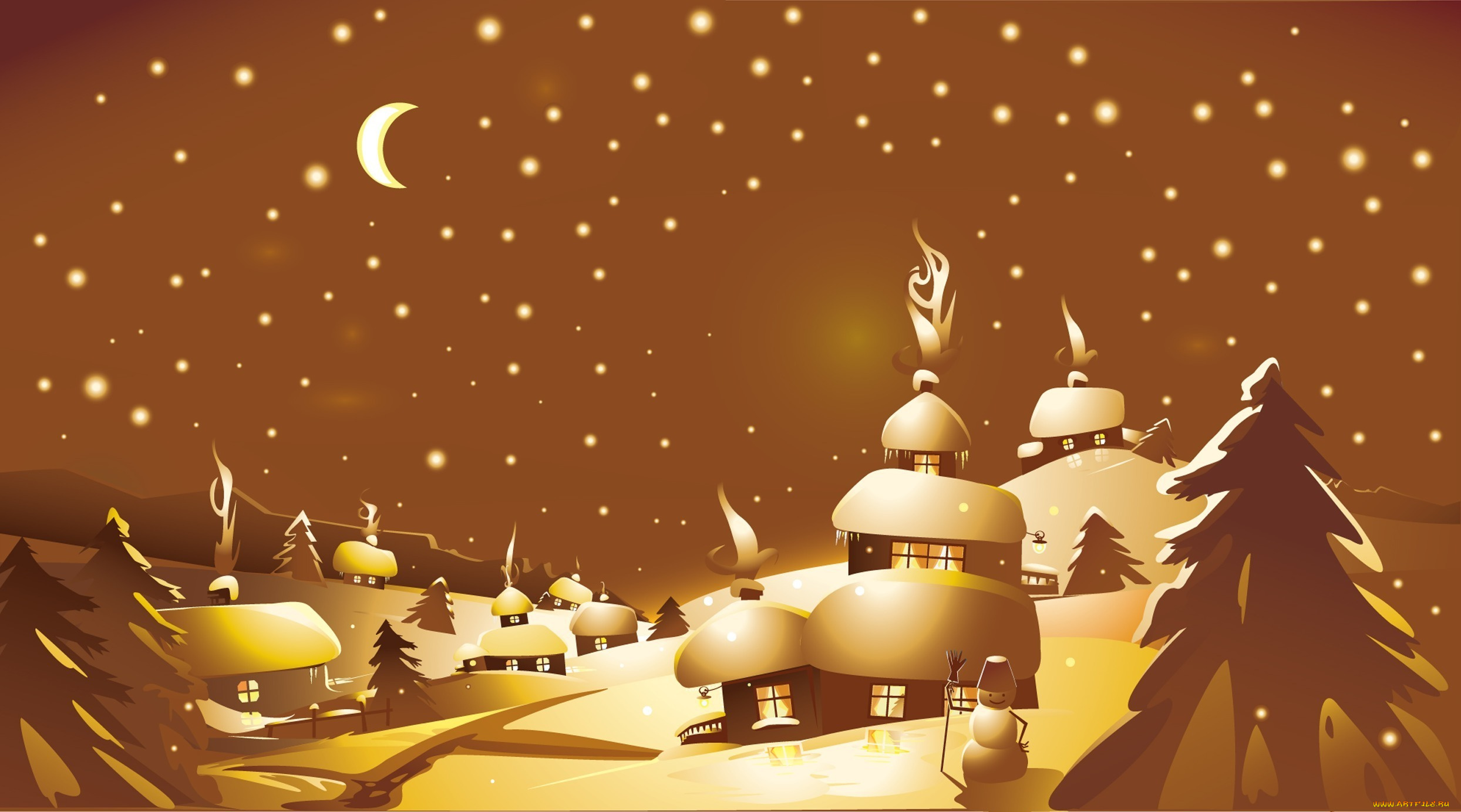 праздничные, векторная, графика, новый, год, домики, дымок, окна, ночь, звёзды, месяц, ёлки, снеговик, зима, снег, холмы