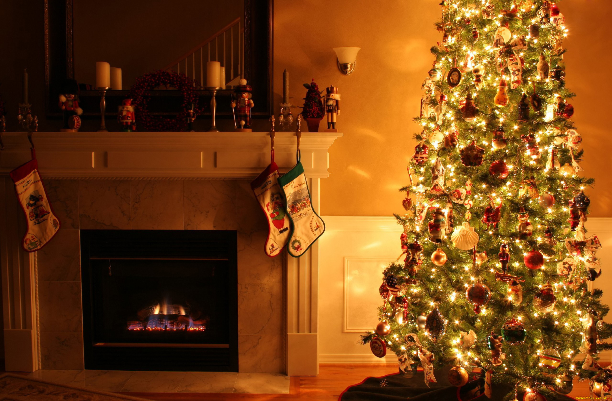 праздничные, новогодний, очаг, елка, свечи, огонь, камин, игрушки