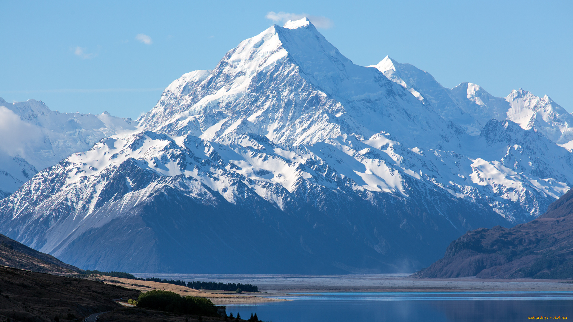 природа, горы, озеро, снег, aoraki, national, park, mount, cook, new, zealand