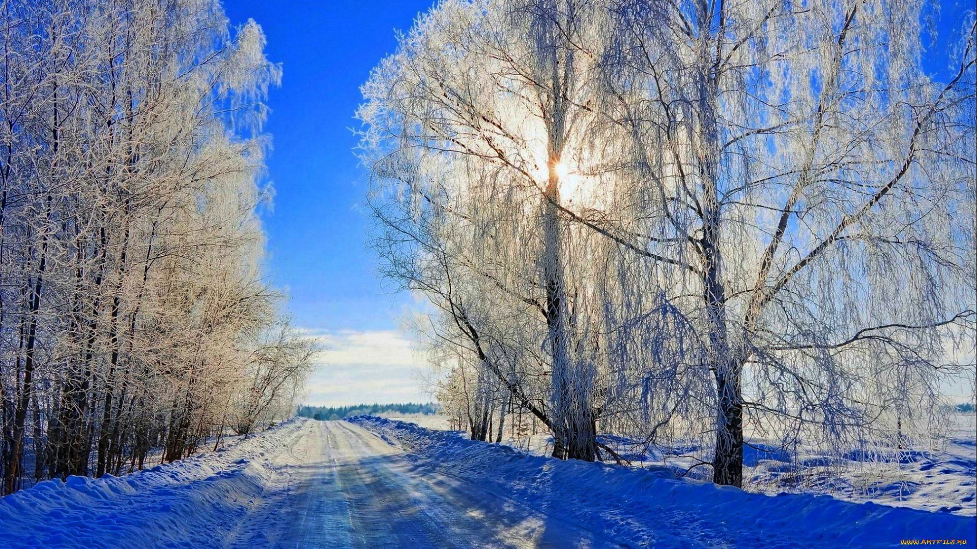 природа, зима, снег, дорога, деревья, небо