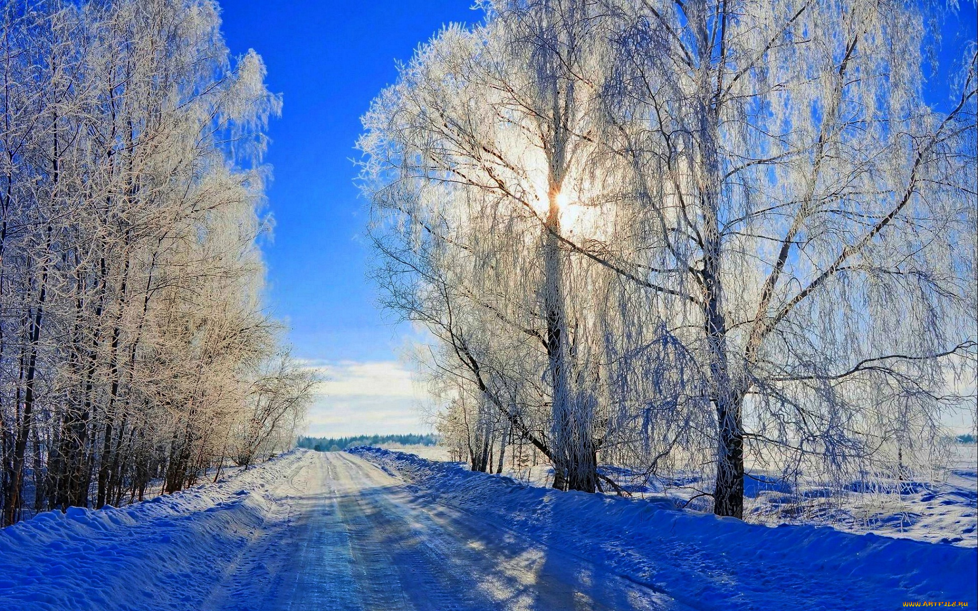 природа, зима, снег, дорога, деревья, небо