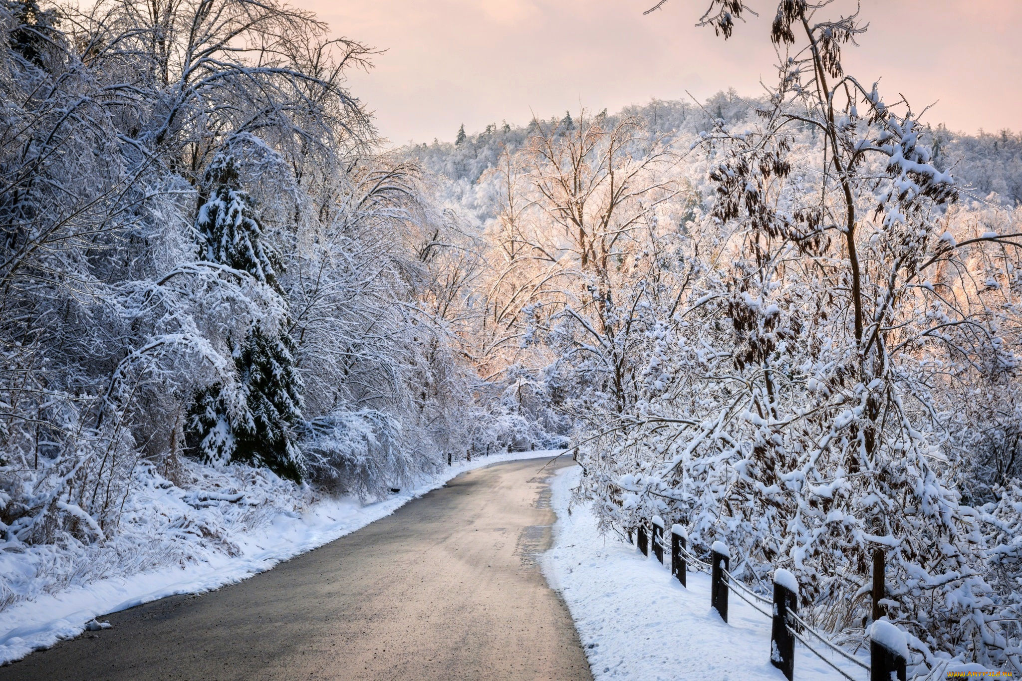 природа, зима, снег, дорога, деревья, лес, небо, пейзаж, forest, road, nature, winter, sky, white, beautiful, cool, nice, snow, sunset, path, trees