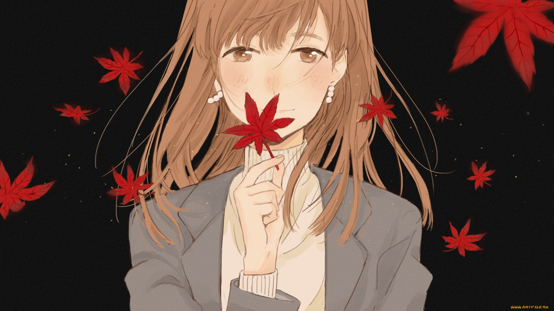 аниме, unknown, , другое, девушка, листья