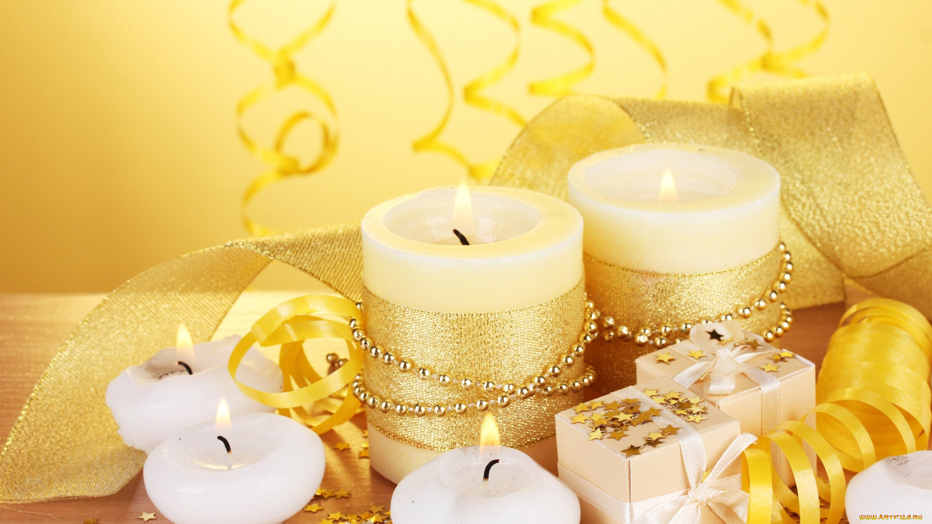 праздничные, новогодние, свечи, лента, свечи, украшения, декор, новый, год, золотой, подарки, праздник